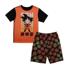 The set includes an orange short sleeve crew neck tee with black sleeves and an image of Goku above the series logo, a short with an elastic waistband and all over print of dragon balls and kanji symbols. Fans of the Dragon Ball Z sleep set will love this comfy shorts set. Black Printed Short Sleeve Sets, Playful Sets With Graphic Print And Crew Neck, Casual Cartoon Print Crew Neck Sleepwear, Casual Sleepwear With Cartoon Print And Crew Neck, Multicolor Crew Neck Sets With Letter Print, Multicolor Crew Neck Sets With Graphic Print, Casual Cartoon Print Short Sleeve Sleepwear, Casual Short Sleeve Cartoon Print Sleepwear, Multicolor Graphic Print Crew Neck Sets