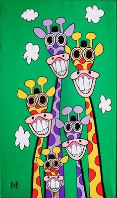 three giraffes with sunglasses on their heads are standing in front of a green background