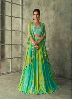 Exquisite Georgette Lehnga choli with designer dupatta , Mirror work Crop Top With Tie Dye  Skirt And Cape Party Wear Skirt Top, Mehandi Outfits, Mehendi Outfit, Haldi Outfits, Cocktail Skirts, Trendy Outfits Indian, Mehendi Outfits, Georgette Lehenga, Yellow Lehenga