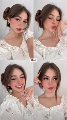 four different pictures of a woman with her hands on her face and the other hand touching her cheek