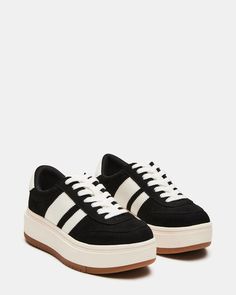 NINJA White/Black Lace-Up Platform Sneaker | Women's Sneakers – Steve Madden Athletic Outfit, Chic Shoes, Platform Sneaker, Athletic Outfits, Women's Sneakers, Black Lace, Steve Madden, Womens Sneakers, White Black