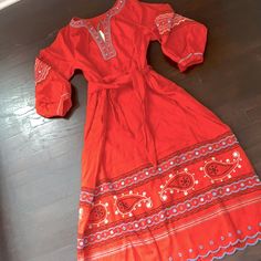 New With Tags! Long Sleeves And Quality Cotton Construction Make This A 3 Season Dress! Folk Style Red Maxi Dress, Red Folk Style Dress For Spring, Red Folk Style V-neck Dress, Art Costume, Anthropologie Dress, Anthropologie Dresses, Red Blue, Folk Art, Red And Blue