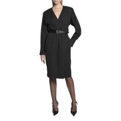 Saint Laurent wrap dress featuring a leather belt and gathered waist seam Surplice neckline Long sleeves; button cuffs Side slip pockets Sheath silhouette Knee length Hidden closure Viscose Professional cleaning recommended Made in Italy V-neck Belted Midi Dress For Office, V-neck Belted Dress For Work, Classic V-neck Blazer Dress For Work, Chic Office Belted Dress With Tie Waist, V-neck Belted Blazer Dress For Formal Occasions, Chic V-neck Midi Dress For Business, V-neck Belted Blazer Dress For Formal Events, V-neck Belted Dress For Office, Classic Belted Midi Dress For Office