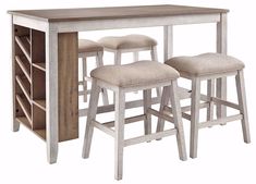 a table with two stools and a wine rack