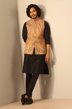 Yellow sleeveless Nehru jacket with paisley, floral woven motifs and mandarin collared neckline. - Aza Fashions Nehru Jacket For Men, Nehru Jacket, Nehru Jackets, Paisley Floral, Mandarin Collar, Yellow Floral, Aza Fashion, Mens Jackets, Paisley