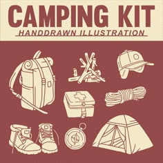 the camping kit is shown in brown and white, with an image of backpacks