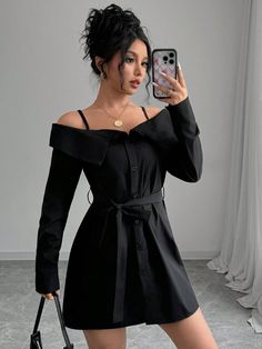 Women's Solid Color Button Front Long Sleeve Casual Cotton Midi Dress Black Casual  Long Sleeve Fabric Plain Fitted Non-Stretch  Women Clothing, size features are:Bust: ,Length: ,Sleeve Length: Vestido Midi Casual, Womens Fall Dress, Sweater Dress Women, Long Sleeve Short Dress, Cotton Midi Dress, Ruffle Hem Dress, 70 Dress, Halterneck Dress, Boho Women