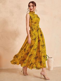 Multicolor Boho  Sleeveless Polyester Floral,All Over Print A Line Embellished Non-Stretch Summer Women Dresses Yellow Sleeveless Beach Dress, Stylish Maxi Dress, Yellow Floral Dress, Womens Floral Dress, Elegant Dresses Long, Women Long Dresses, Yellow Floral, Dress P, Fashion Online Shop