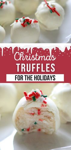 christmas truffles with white frosting and candy sprinkles on top