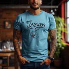 INSTANT DOWNLOAD - no physical item will be delivered Introducing our Pale Blue T-Shirt Mockup, featuring a stylish tattooed man in a soothing pale blue tee. This mockup exudes a sense of calm and subtle style, making it an ideal choice for showcasing your designs with a touch of understated elegance. The pale blue hue complements the tattoos, creating a harmonious visual. Perfect for those looking to blend artistry with fashion in their designs. Once your payment is cleared, you will receive an email with the download link. You can also access your purchase via your Etsy profile. Download the files, and start working on your images.  The high-resolution JPG file of t-shirt mockup will be blank and without any watermarks. Use any image editing software and add your design on top of the bas Blue Graphic Design Short Sleeve T-shirt, Blue Crew Neck Shirt With Graphic Design, Blue Short Sleeve Sublimation T-shirt With Custom Print, Blue Crew Neck T-shirt With Branding, Blue Short Sleeve Sublimation Design With Custom Print, Blue Graphic Design T-shirt With Short Sleeves, Blue Graphic Short Sleeve T-shirt, Blue Cotton Sublimation Crew Neck T-shirt, Blue Crew Neck Shirt With Sublimation Print