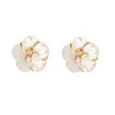 The Livia Studs, crafted from semi-precious stones, feature a distinctive flower design accentuated by a contrasting center stone. These studs come equipped with hooks, allowing for the addition of drops and embodying a charming blend of retro and vintage design elements. Jwellary Unique Indian, Luxury Flower Earrings For Wedding, Luxury White Diamond Flower Earrings, Luxury White Flower Earrings, French Clip, French Jewelry, Vintage Jewelry Earrings, Earrings Flower, Fancy Jewelry