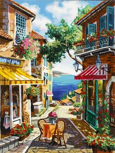 a painting of an old european street with tables and chairs on the sidewalk, overlooking the ocean