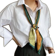 Silk Scarf Button Down Shirt, Womens Neck Tie, Neck Scarf Outfit, Small Neck Scarf, Scarf Looks, Small Neck Scarves, Silk Scarf Style, Silk Neck Scarf, How To Wear A Scarf