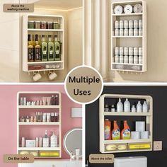 multiple images of bathroom storage shelves with bottles on the top and bottom, along with an open medicine cabinet below