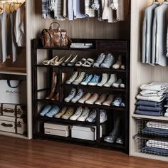 a closet filled with lots of clothes and shoes