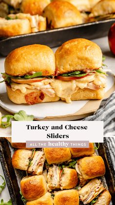 turkey and cheese sliders are stacked on top of each other with the words turkey and cheese sliders above them