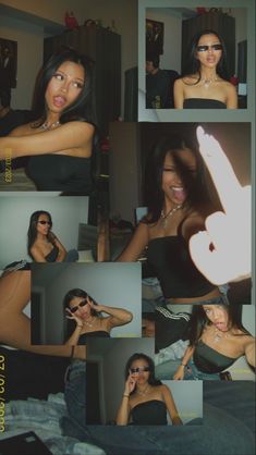 a collage of photos showing women in bikinis and one holding a cell phone to her ear