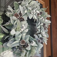 A festive modern lambs ear wreath with snowy berries, snowy pinecones and flocked juniper greenery accents. Reminiscent of a winter wonderland! Create a warm festive and inviting entry to your home with this winter wonderland vibe wreath! Also great for adding a festive touch to your interior home decor for this winter holiday season!  Handmade with quality faux materials on a natural grapevine wreath that will last for years to come. A handmade item best hung where protected from outdoor elemen Flocked Christmas Wreath, Snowy Pinecone, Woodland Home Decor, Winter Owl, White Berries, Lambs Ear Wreath, Evergreen Wreath, Winter Wonderland Christmas, Winter Woodland