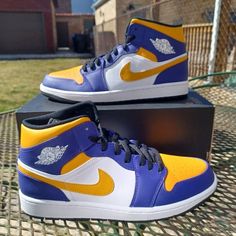 Nike Air Jordan 1 Mid 'Lakers' Sneakers - Men's Size 10 (Fits Women's 11.5) - Brand New With Half Box (No Lid) Elevate Your Sneaker Game With The Nike Air Jordan 1 Mid 'Lakers' Sneakers, Available In Men's Size 10, Which Also Comfortably Fits Women's Size 11.5. These Sneakers Are Brand New And Come With A Half Box (No Lid). Expect Swift Shipping. I'll Ship Your Order The Same Or Next Day After Purchase. Don't Just Take My Word For It, Check Out My Outstanding Reviews And Shop With Confidence. #N High-top Custom Sneakers Fade-resistant For Light Sports, High-top Custom Sneakers For Light Sports, Fade-resistant, High-top Fade-resistant Custom Sneakers For Light Sports, Yellow Fade-resistant Basketball Shoes For Streetwear, Custom High-top Fade-resistant Sneakers For Sports Events, Yellow Sneakers With Boost Midsole For Sports, Custom Sneakers With Boost Midsole For Sports, Fade-resistant High-top Custom Sneakers For Sports Events, Custom Sneakers For Sports Events With Boost Midsole