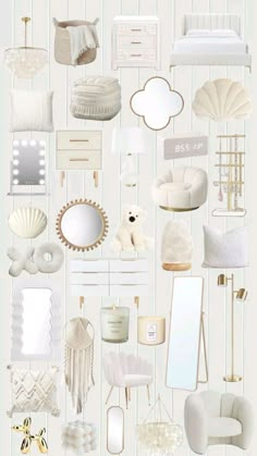 a white room filled with lots of furniture and decor items, including chairs, mirrors, lamps