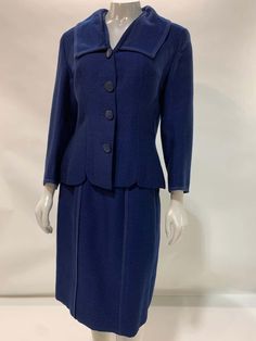 For Sale on 1stDibs - A beautifully tailored 1940s Creed of London couture 3-piece royal blue wool skirt suit with caplet. Silk crepe lined and fabulous inscribed buttons. Caplet Elegant Formal Wool Skirt Suit, Elegant Wool Skirt Suit For Formal Occasions, Blue Notch Lapel Skirt Suit For Formal Occasions, Formal Fitted Skirt Suit With Button Closure, Blue Fitted Vintage Suit, Classic Blue Skirt Suit For Office, Fitted Skirt Suit With Button Closure For Formal Occasions, Fitted Vintage Blue Suits, Classic Fitted Skirt Suit With Button Closure