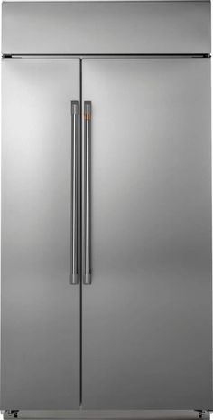 the side by side refrigerator has two doors and is stainless steel with an orange handle