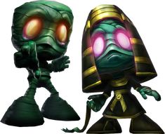 an alien with glowing eyes standing next to a green and yellow creature figurine