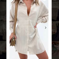 Missguided Oversized Striped Dip Back Shirt Dress Color Is Beige And White Stripes Has A Linen Feel, Perfect For Warmer Weather, Finally Saying Farewell Since It Is Oversized And Too Big For Me Nwt. Us12/Uk 16 Trendy V-neck Shirt Dress For Daywear, Chic Button-up Shirt Dress For Vacation, Oversized Long Sleeve Mini Dress For Spring, Oversized Long Sleeve Mini Dress For Day Out, White V-neck Shirt Dress With Relaxed Fit, Beige Button-up Mini Dress For Daywear, Trendy Mini Length Shirt Dress For Vacation, Cream Long Sleeve Mini Dress For Daywear, Oversized Long Sleeve Mini Dress For Daywear