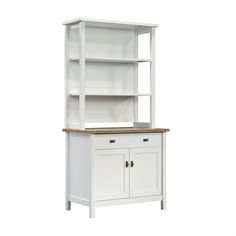 a white bookcase with drawers and cupboards on the bottom, against a white background