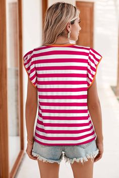 Material:50%Viscose+45%Polyester+5%Elastane • Elevate your casual look with this tee featuring chic striped design and eye-catching contrast binding, perfect for adding a touch of style to your everyday outfits. • Stand out in the crowd with the unique butterfly sleeves that add a playful and feminine touch to this top, making it a versatile piece for both casual outings and special occasions. • The ruffle sleeve detail adds a trendy and elegant flair to this tee, creating a stylish silhouette t Chic Striped T-shirt For Summer, Casual Pink Tops With Contrast Stripes, Pink Cotton Top With Contrast Stripes, Red Summer Top With Striped Collar, Pink Short Sleeve Top With Striped Collar, Summer V-neck Top With Contrast Stripes, Summer Chic Tops With Striped Sleeves, Chic Summer Tops With Striped Sleeves, Chic Striped T-shirt For Spring