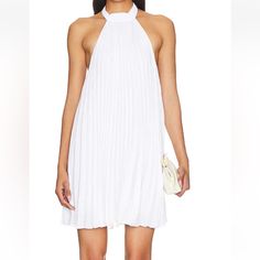 Alice +Olivia Aviana Halter Neck White Mini Dress Size Medium Brand New With Tags Mini Dress Sleeveless-Hem Shaped A-Line , White Pleated Knee-length Sleeveless Dress, White Halter Neck Dress For Brunch, Elegant White Pleated Mini Dress, White Halter Cocktail Dress For Summer, White Fitted Sleeveless Dress With Pleats, White A-line Cocktail Sleeveless Dress, White Pleated Mini Dress For Cocktail, White A-line Pleated Dress For Spring, Chic White Halter Neck Sleeveless Dress