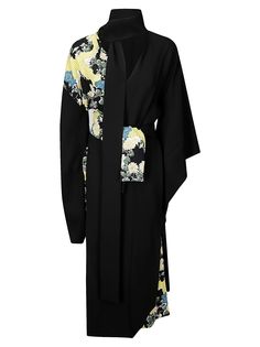 Kimono Dress Silk Print from SetchuComposition: 100% Silk Black Kimono Dress, Silk Kimono Dress, Origami Dress, Flowing Sleeves, Herno Jacket, Black Kimono, Black Print Dress, Flowy Sleeves, Dress Silk