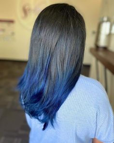 Blue Ends Hair Brown, Coloured Tips Hair, Dark Blue Hair Ombre, Blue Ends Hair, Black To Blue Ombre Hair, Tips Of Hair Dyed, Black Hair With Blue Streaks, Ends Of Hair Dyed, Black Hair Blue Tips