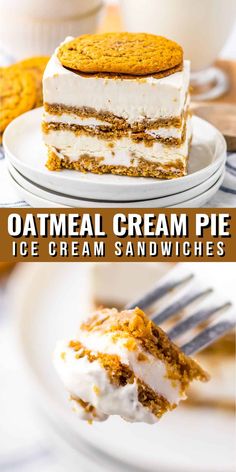 an ice cream sandwich on a white plate with a bite taken out of it and the text oatmeal cream pie