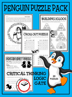 the penguin puzzle pack includes two puzzles, one with an image of a penguin on it and