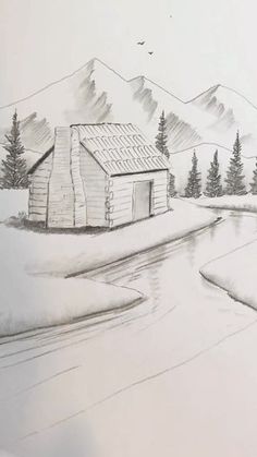 a drawing of a cabin in the snow with trees and mountains behind it on a white paper