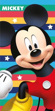 a mickey mouse poster with the name mickey on it's face and yellow bell