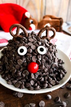 Ready to spread some joy? Literally? This Chocolate Chip Rudolph Cheese Ball is the perfect joyful holiday dessert! A festive dessert cheeseball decorated to look like Rudolph the Red-Nosed Reindeer. Dessert Cheeseball, Christmas Cheeseball, Chocolate Reindeer, Chocolate Peppermint Cupcakes, Desserts With Chocolate Chips, Christmas Pastries, Candy Cane Cookies, Christmas Morning Breakfast, Candied Orange Peel