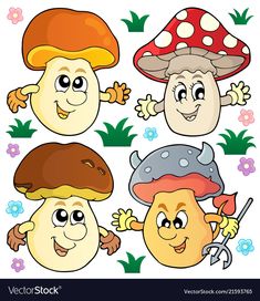 four cartoon mushrooms with different facial expressions