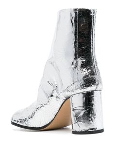 Maison Margiela Tabi Metallic Ankle Boots - Farfetch Luxury Metallic High Heel Boots, Luxury High Heel Metallic Boots, Silver Ankle Boots With Reinforced Heel, Glamorous Silver Boots With Reinforced Heel, Chic Silver Boots With Block Heel, Luxury Silver Ankle Boots, Belgian Fashion, Metallic Ankle Boots, Modern Suits