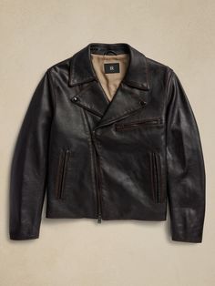 A timeless take on the iconic moto jacket, we kept all the details of the classic—an off-set zip closure, grommets under the arms, zippered cuffs and pockets—adding a Western-style yoke and a ruched accent at the back waist for rugged flair.  For a true-to-the-original finish, our designers selected a beautifully burnished leather and an oversized fit.  Warmer: Lightly lined for easy layering.  Relaxed fit.  Point collar with off-set zip closure.  Three exterior zip pockets.  Single interior poc Espresso Brown, Streetwear Men Outfits, Leather Moto, Leather Moto Jacket, Leather Jacket Men, Moto Jacket, Western Style, Western Fashion, Banana Republic