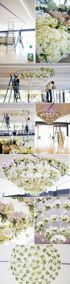 four different shots of flowers being arranged on ladders in the middle of a room