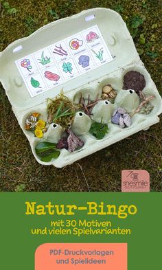 an egg carton filled with stuffed animals and plants on top of green grass next to the words nativity - bingo written in german