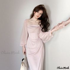 Olivia Mark - Stylish High-Neck Waist-Cinching Maxi Dress Gaun Koktail, Midi Dress Chic, Fairy Dresses, Pakaian Feminin, Street Dress, Women Bodycon Dress, Ruffles Fashion, Vestidos Prom, Korean Dress