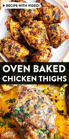 oven baked chicken thighs with text overlay that says oven baked chicken thighs recipe with video