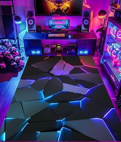 Galaxy Gaming Room, Gaming Room Lighting Ideas, Game Room Lights, Basement Video Game Room, Comfy Gaming Setup, Gaming Room For Boys, Luxury Game Room Design, Bedroom With Gaming Setup, Game Room Ideas Videogames