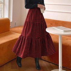 Lasaky - Vintage Checkered High-Waisted Midi Skirt with Pleated Flare Design Long Skirt Casual, Floral Print Midi Skirt, Umbrella Skirt, Checkered Skirt, Tiered Skirts, Skirts Midi High Waisted, Vintage Flare, Estilo Preppy, Half Skirt