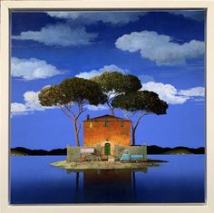 a painting of a house on an island in the middle of water with trees growing out of it