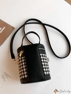 Bird in Bag - Black Elegant Houndstooth Bucket Bag with Top Handle Bird In Bag, Save The Planet, Bag Bag, Polyester Material, Top Handle, Bucket Bag, Pu Leather, Satchel, Bag Lady