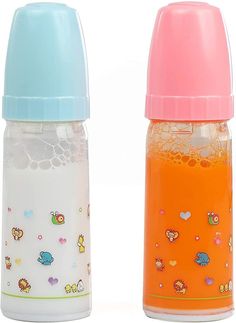 two plastic bottles with different designs on them